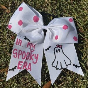 White Hair Bow with Pink Polka Dots and Spooky Design